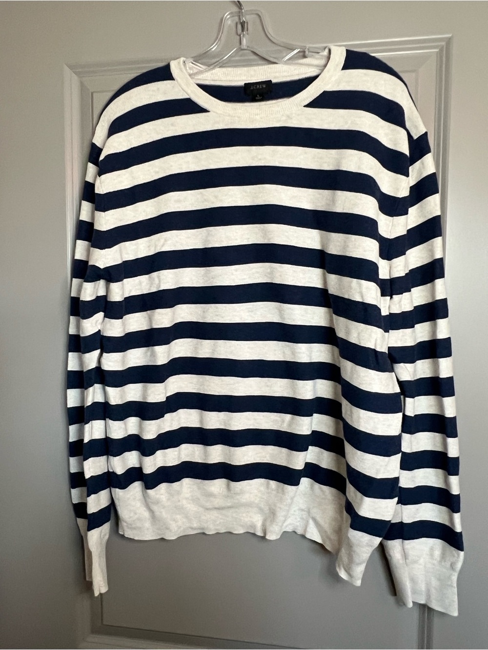 J. Crew Navy and Cream Striped Crewneck Sweater Large